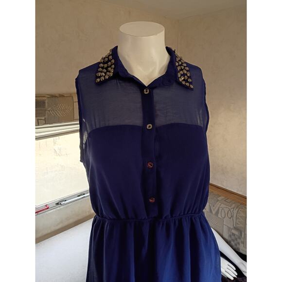 Forever 21 Studded Collar Sheer Navy Mini Dress Large Edgy Party Nightout Retro - Picture 11 of 12
